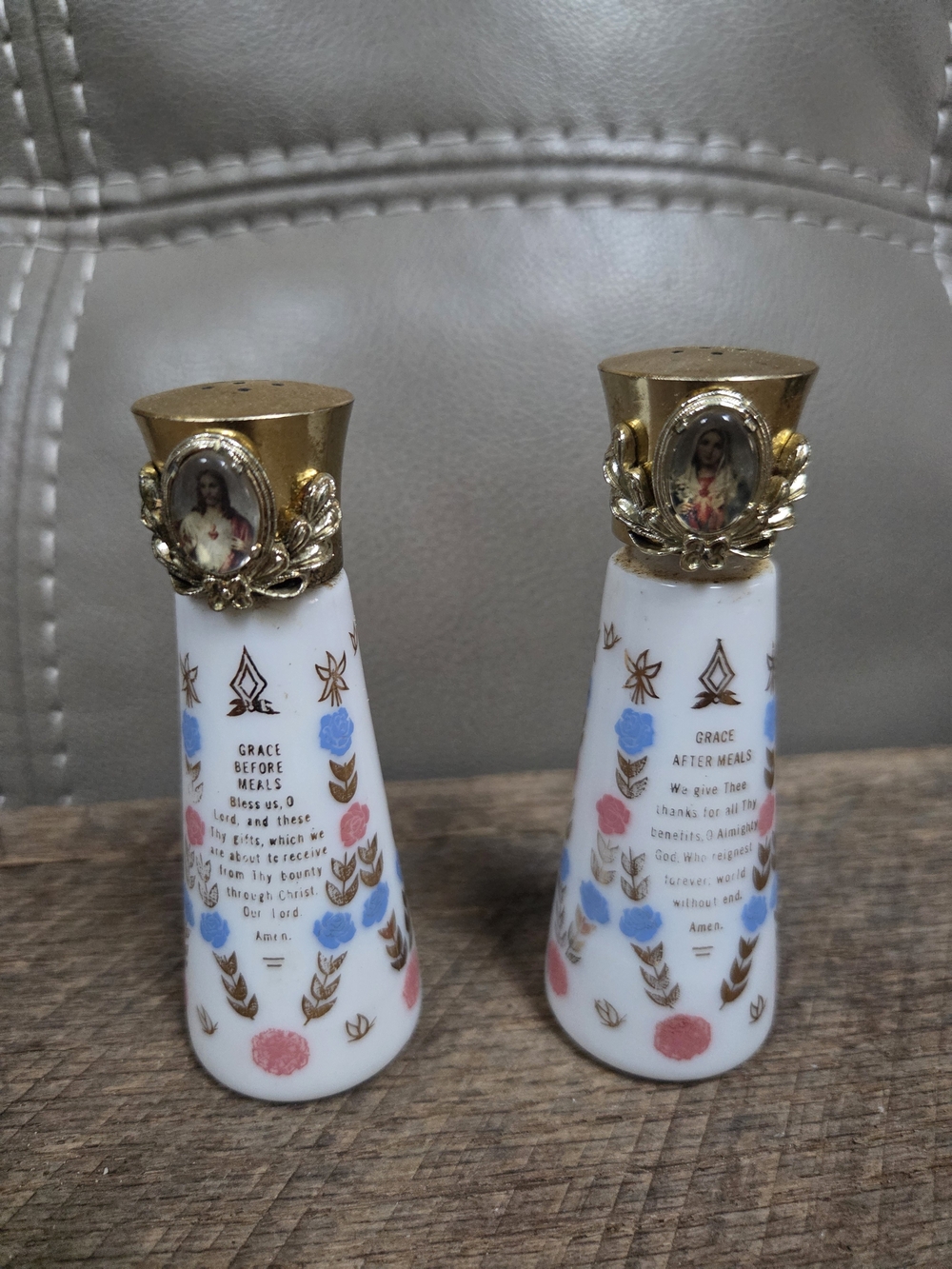 Vintage Grace Religious Milk Glass Salt & Pepper Shakers Set w/ Jesus & Mary